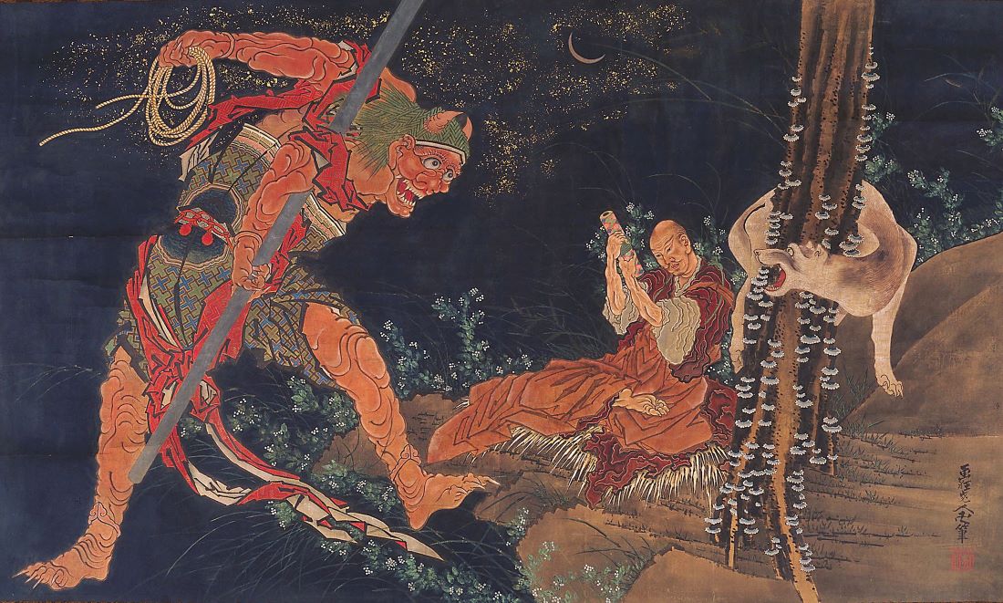 Kobo Daishi Practicing the Tantra with Demon and Wolf by Hokusai